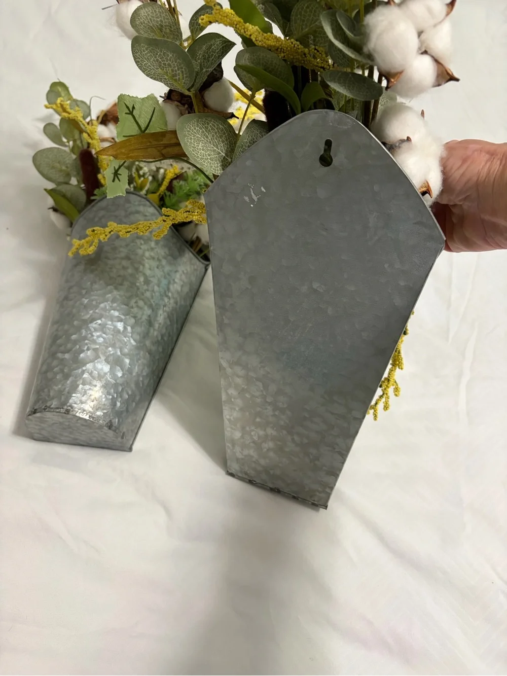 Galvanized Wall Pocket Planter with Cotton Stem Arrangement - Silver